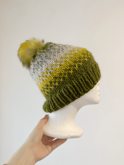 Handknit chunky Beanie | alpaca wool Beanie | large Fur Pom Pom Hat | Winter knit hat | Earthy green yellow slouchy hat - TuttyKnitty