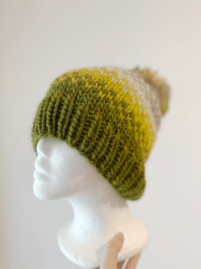 Handknit chunky Beanie | alpaca wool Beanie | large Fur Pom Pom Hat | Winter knit hat | Earthy green yellow slouchy hat - TuttyKnitty