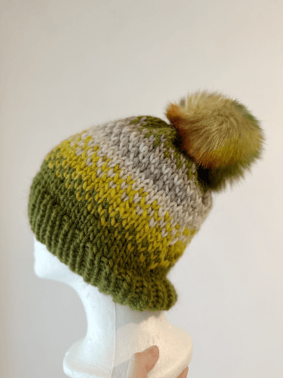 Handknit chunky Beanie | alpaca wool Beanie | large Fur Pom Pom Hat | Winter knit hat | Earthy green yellow slouchy hat - TuttyKnitty