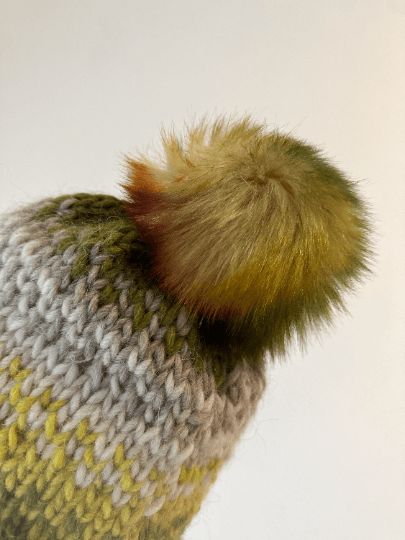 Handknit chunky Beanie | alpaca wool Beanie | large Fur Pom Pom Hat | Winter knit hat | Earthy green yellow slouchy hat - TuttyKnitty