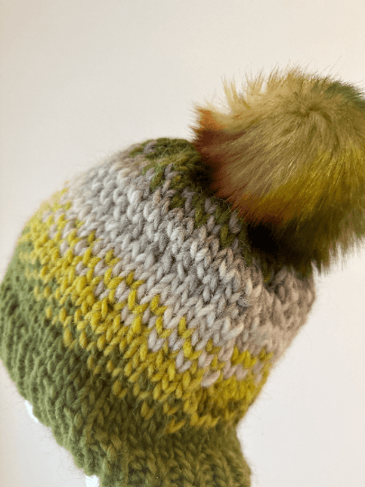 Handknit chunky Beanie | alpaca wool Beanie | large Fur Pom Pom Hat | Winter knit hat | Earthy green yellow slouchy hat - TuttyKnitty