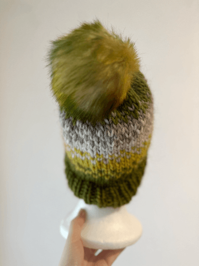 Handknit chunky Beanie | alpaca wool Beanie | large Fur Pom Pom Hat | Winter knit hat | Earthy green yellow slouchy hat - TuttyKnitty