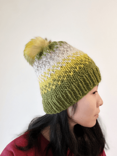 Handknit chunky Beanie | alpaca wool Beanie | large Fur Pom Pom Hat | Winter knit hat | Earthy green yellow slouchy hat - TuttyKnitty