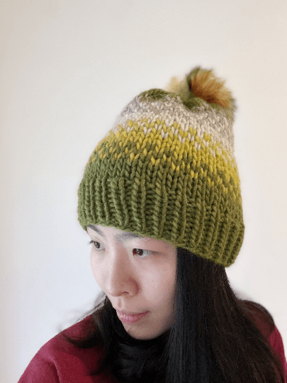 Handknit chunky Beanie | alpaca wool Beanie | large Fur Pom Pom Hat | Winter knit hat | Earthy green yellow slouchy hat - TuttyKnitty