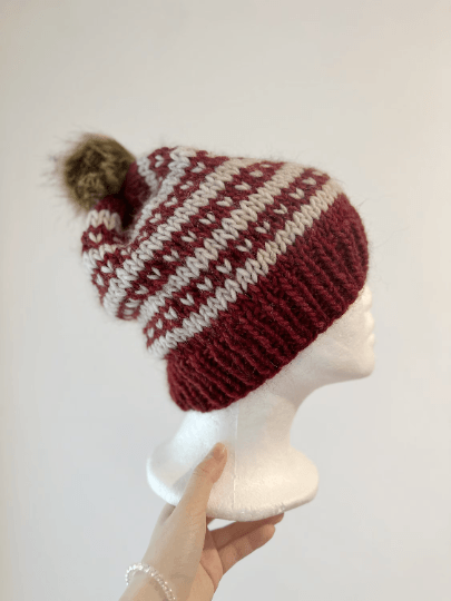 Handknit chunky Beanie | alpaca wool Beanie | large Fur Pom Pom Hat | Winter knit hat | red beige fair isle slouchy hat - TuttyKnitty