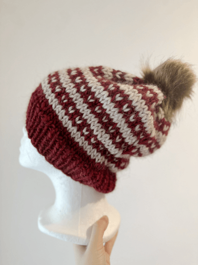 Handknit chunky Beanie | alpaca wool Beanie | large Fur Pom Pom Hat | Winter knit hat | red beige fair isle slouchy hat - TuttyKnitty