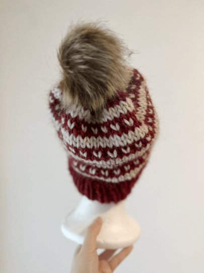 Handknit chunky Beanie | alpaca wool Beanie | large Fur Pom Pom Hat | Winter knit hat | red beige fair isle slouchy hat - TuttyKnitty