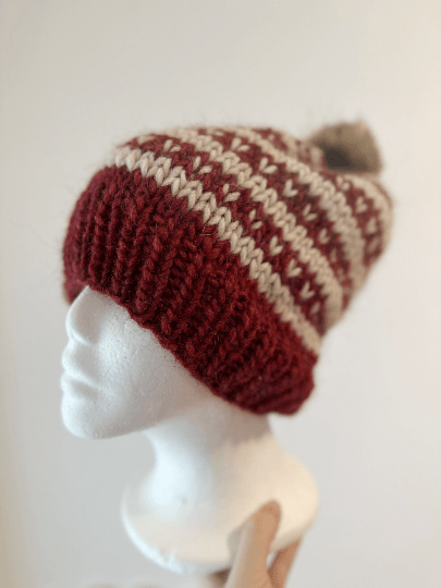 Handknit chunky Beanie | alpaca wool Beanie | large Fur Pom Pom Hat | Winter knit hat | red beige fair isle slouchy hat - TuttyKnitty