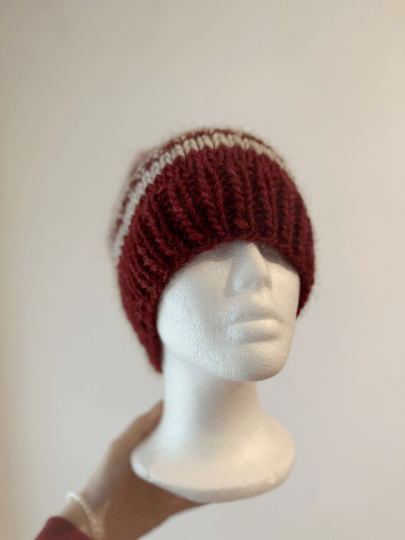 Handknit chunky Beanie | alpaca wool Beanie | large Fur Pom Pom Hat | Winter knit hat | red beige fair isle slouchy hat - TuttyKnitty