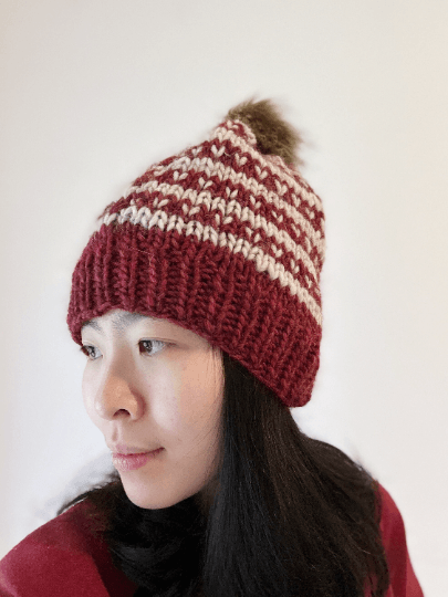 Handknit chunky Beanie | alpaca wool Beanie | large Fur Pom Pom Hat | Winter knit hat | red beige fair isle slouchy hat - TuttyKnitty