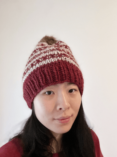 Handknit chunky Beanie | alpaca wool Beanie | large Fur Pom Pom Hat | Winter knit hat | red beige fair isle slouchy hat - TuttyKnitty