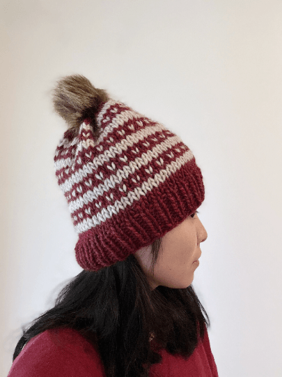 Handknit chunky Beanie | alpaca wool Beanie | large Fur Pom Pom Hat | Winter knit hat | red beige fair isle slouchy hat - TuttyKnitty