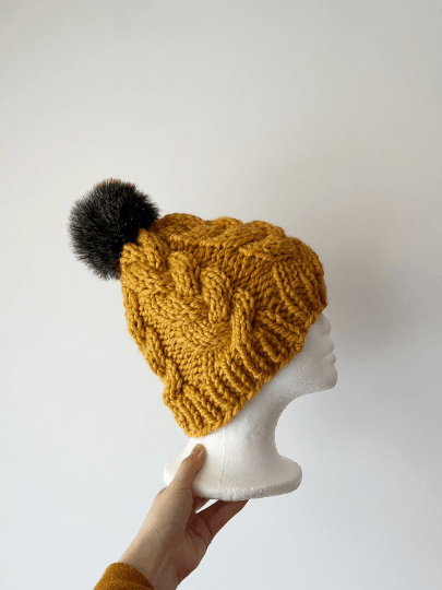 Handknit Chunky Cable Beanie | Knit Beret | Slouchy Hat in mustard | Knit beanie in yellow | Fluffy cozy fur pom pom winter hat - TuttyKnitty