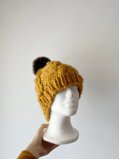 Handknit Chunky Cable Beanie | Knit Beret | Slouchy Hat in mustard | Knit beanie in yellow | Fluffy cozy fur pom pom winter hat - TuttyKnitty