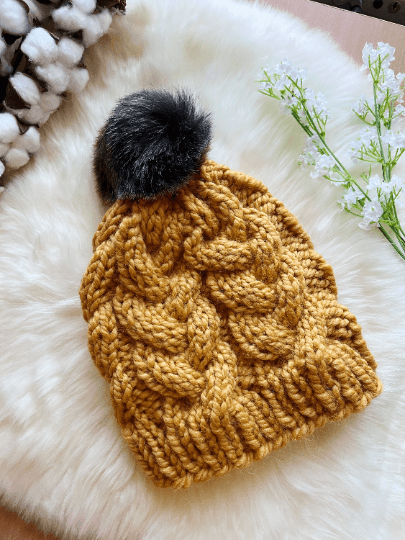 Handknit Chunky Cable Beanie | Knit Beret | Slouchy Hat in mustard | Knit beanie in yellow | Fluffy cozy fur pom pom winter hat - TuttyKnitty