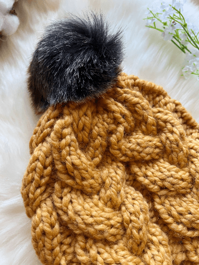 Handknit Chunky Cable Beanie | Knit Beret | Slouchy Hat in mustard | Knit beanie in yellow | Fluffy cozy fur pom pom winter hat - TuttyKnitty