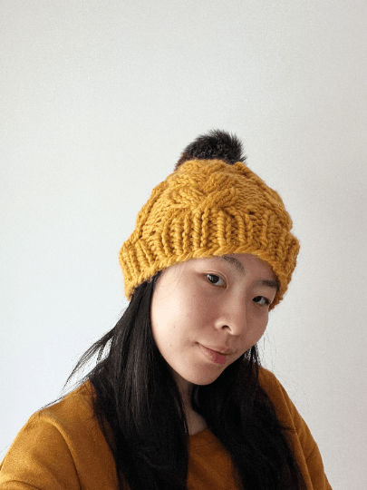 Handknit Chunky Cable Beanie | Knit Beret | Slouchy Hat in mustard | Knit beanie in yellow | Fluffy cozy fur pom pom winter hat - TuttyKnitty