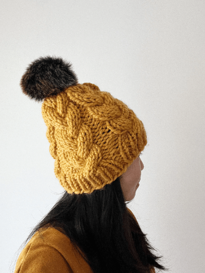 Handknit Chunky Cable Beanie | Knit Beret | Slouchy Hat in mustard | Knit beanie in yellow | Fluffy cozy fur pom pom winter hat - TuttyKnitty