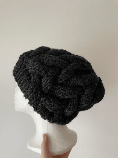 Handknit Chunky Cable Slouchy Beanie | Knit Beret | Slouchy Hat in black colour| Knit beanie in charcoal | Fluffy and cozy winter hat - TuttyKnitty