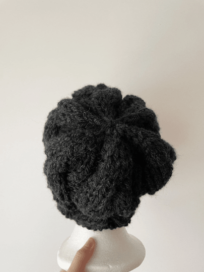 Handknit Chunky Cable Slouchy Beanie | Knit Beret | Slouchy Hat in black colour| Knit beanie in charcoal | Fluffy and cozy winter hat - TuttyKnitty