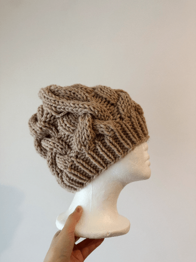 Handknit Chunky Cable Slouchy Beanie | Knit Beret | Slouchy Hat in brown| Knit beanie in coffee | Fluffy and cozy winter hat - TuttyKnitty