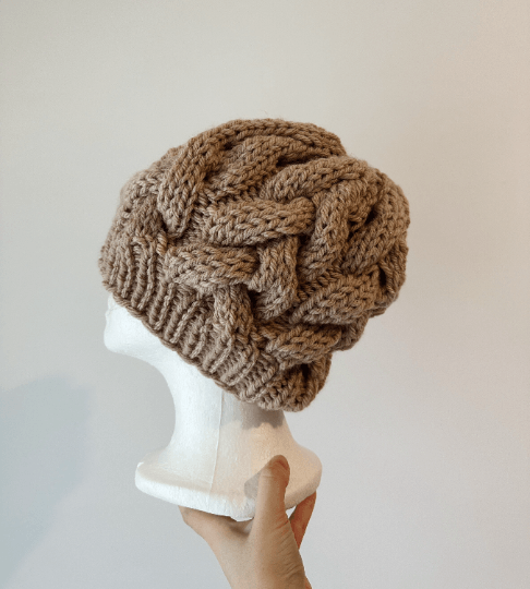 Handknit Chunky Cable Slouchy Beanie | Knit Beret | Slouchy Hat in brown| Knit beanie in coffee | Fluffy and cozy winter hat - TuttyKnitty