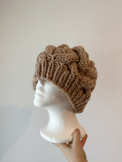 Handknit Chunky Cable Slouchy Beanie | Knit Beret | Slouchy Hat in brown| Knit beanie in coffee | Fluffy and cozy winter hat - TuttyKnitty