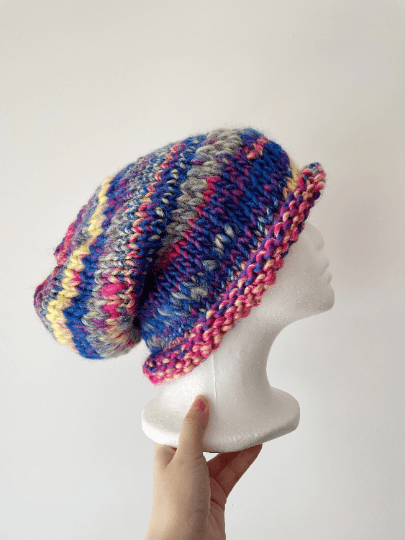 Handknit Colourful Chunky Beanie | Slouchy rainbow candy colour hat | Wool knit fluffy soft beanie | Candy crush ombre - TuttyKnitty