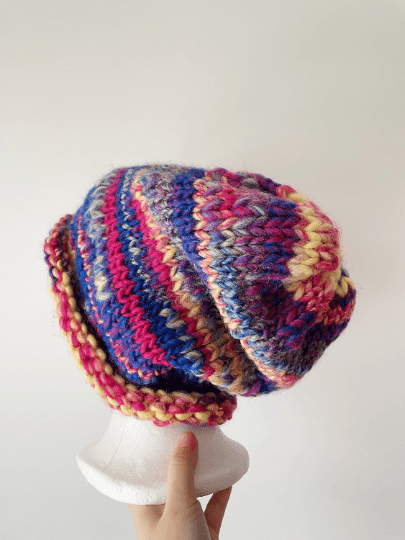 Handknit Colourful Chunky Beanie | Slouchy rainbow candy colour hat | Wool knit fluffy soft beanie | Candy crush ombre - TuttyKnitty