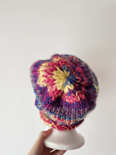 Handknit Colourful Chunky Beanie | Slouchy rainbow candy colour hat | Wool knit fluffy soft beanie | Candy crush ombre - TuttyKnitty