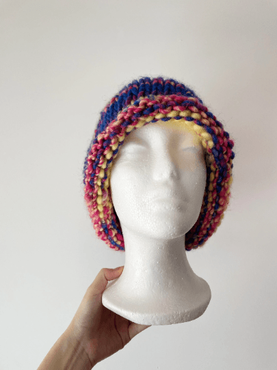 Handknit Colourful Chunky Beanie | Slouchy rainbow candy colour hat | Wool knit fluffy soft beanie | Candy crush ombre - TuttyKnitty