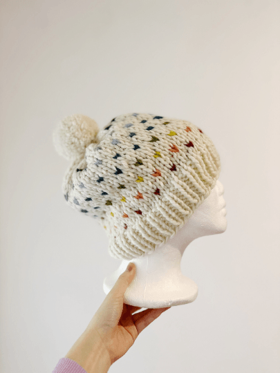 Handknit colourful dots pompom Beanie | rainbow candy colour hat | chuncky white beanie | Colour of Autumn season - TuttyKnitty