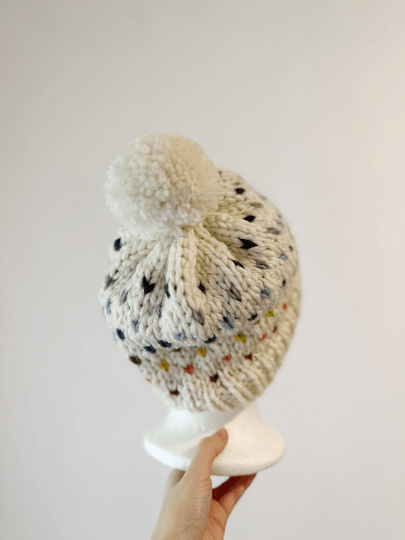 Handknit colourful dots pompom Beanie | rainbow candy colour hat | chuncky white beanie | Colour of Autumn season - TuttyKnitty