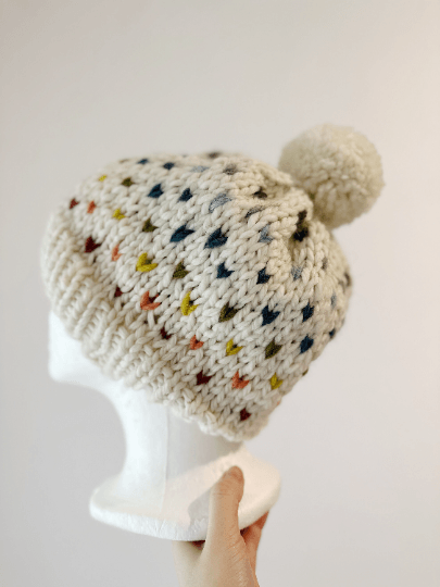 Handknit colourful dots pompom Beanie | rainbow candy colour hat | chuncky white beanie | Colour of Autumn season - TuttyKnitty