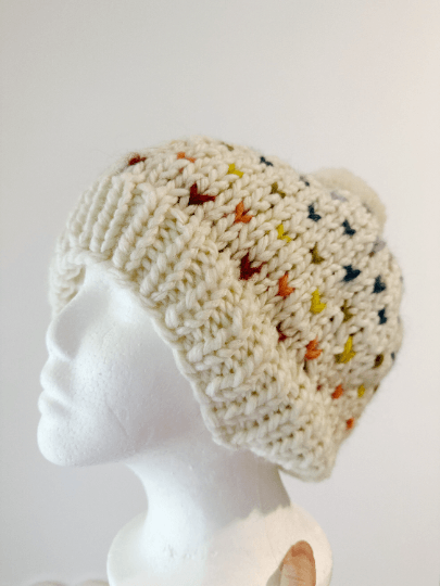 Handknit colourful dots pompom Beanie | rainbow candy colour hat | chuncky white beanie | Colour of Autumn season - TuttyKnitty