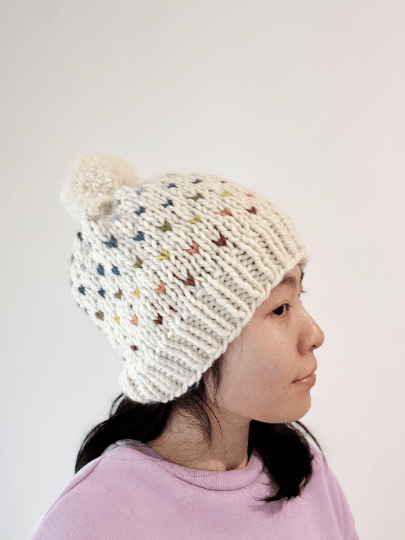 Handknit colourful dots pompom Beanie | rainbow candy colour hat | chuncky white beanie | Colour of Autumn season - TuttyKnitty