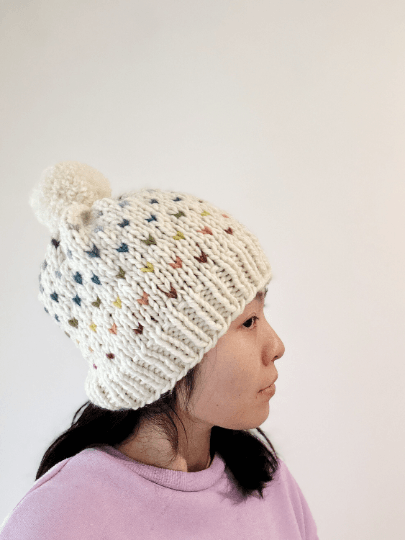 Handknit colourful dots pompom Beanie | rainbow candy colour hat | chuncky white beanie | Colour of Autumn season - TuttyKnitty