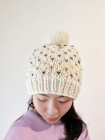 Handknit colourful dots pompom Beanie | rainbow candy colour hat | chuncky white beanie | Colour of Autumn season - TuttyKnitty