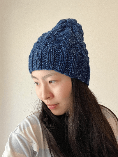 Handknit Dark Blue Cable Knitted Beanie with Denim Effect | blue knit hat | adult women or men beanie | Winter knit slouchy hat - TuttyKnitty