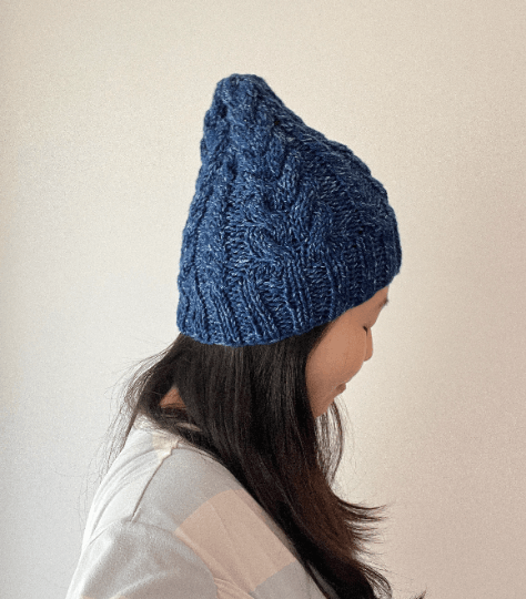 Handknit Dark Blue Cable Knitted Beanie with Denim Effect | blue knit hat | adult women or men beanie | Winter knit slouchy hat - TuttyKnitty