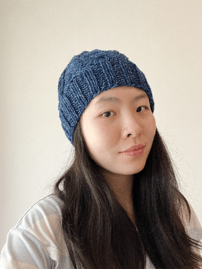 Handknit Dark Blue Cable Knitted Beanie with Denim Effect | blue knit hat | adult women or men beanie | Winter knit slouchy hat - TuttyKnitty