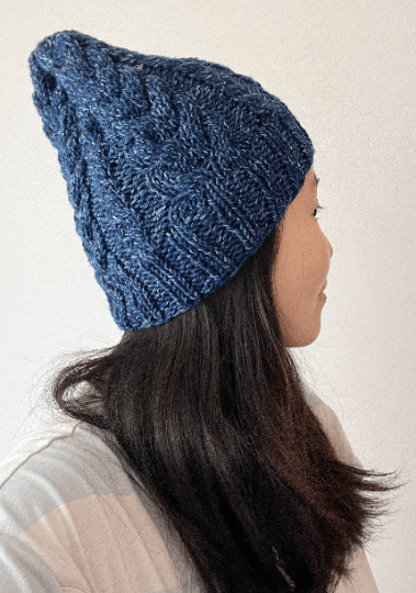 Handknit Dark Blue Cable Knitted Beanie with Denim Effect | blue knit hat | adult women or men beanie | Winter knit slouchy hat - TuttyKnitty