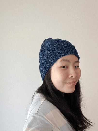 Handknit Dark Blue Cable Knitted Beanie with Denim Effect | blue knit hat | adult women or men beanie | Winter knit slouchy hat - TuttyKnitty