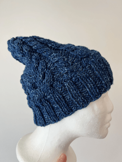 Handknit Dark Blue Cable Knitted Beanie with Denim Effect | blue knit hat | adult women or men beanie | Winter knit slouchy hat - TuttyKnitty