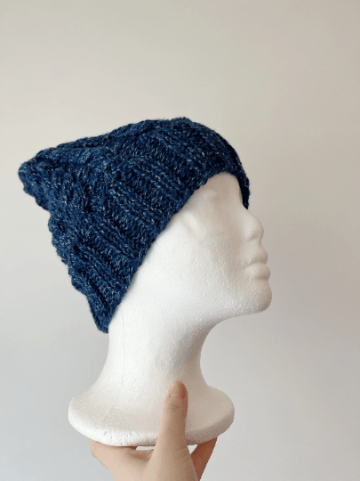 Handknit Dark Blue Cable Knitted Beanie with Denim Effect | blue knit hat | adult women or men beanie | Winter knit slouchy hat - TuttyKnitty