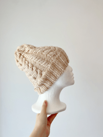 Handknit Ecru colour Cable Knitted | merino cream soft tone colour knit hat | adult women or men beanie | Winter knit briaded hat - TuttyKnitty