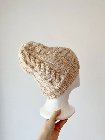 Handknit Ecru colour Cable Knitted | merino cream soft tone colour knit hat | adult women or men beanie | Winter knit briaded hat - TuttyKnitty