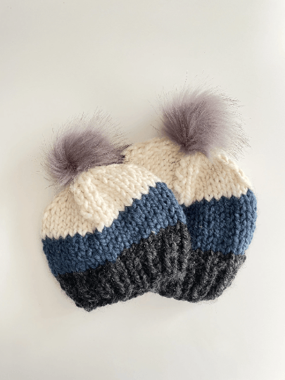 Handknit fur Pom Pom Beanie in blue black white mix| Baby Newborn toddler knit hat | Chunky Beanie |Baby shower photo prop baby gift - TuttyKnitty