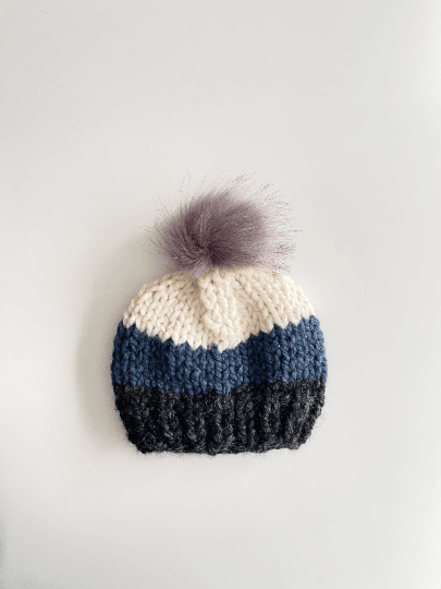 Handknit fur Pom Pom Beanie in blue black white mix| Baby Newborn toddler knit hat | Chunky Beanie |Baby shower photo prop baby gift - TuttyKnitty