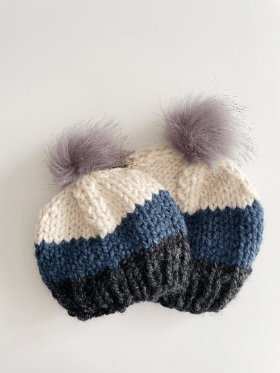 Handknit fur Pom Pom Beanie in blue black white mix| Baby Newborn toddler knit hat | Chunky Beanie |Baby shower photo prop baby gift - TuttyKnitty